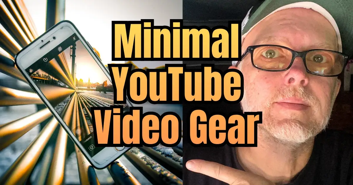 Minimal YouTube video gear setup including MacBook Pro and iPhone filming rig inside a minivan camper