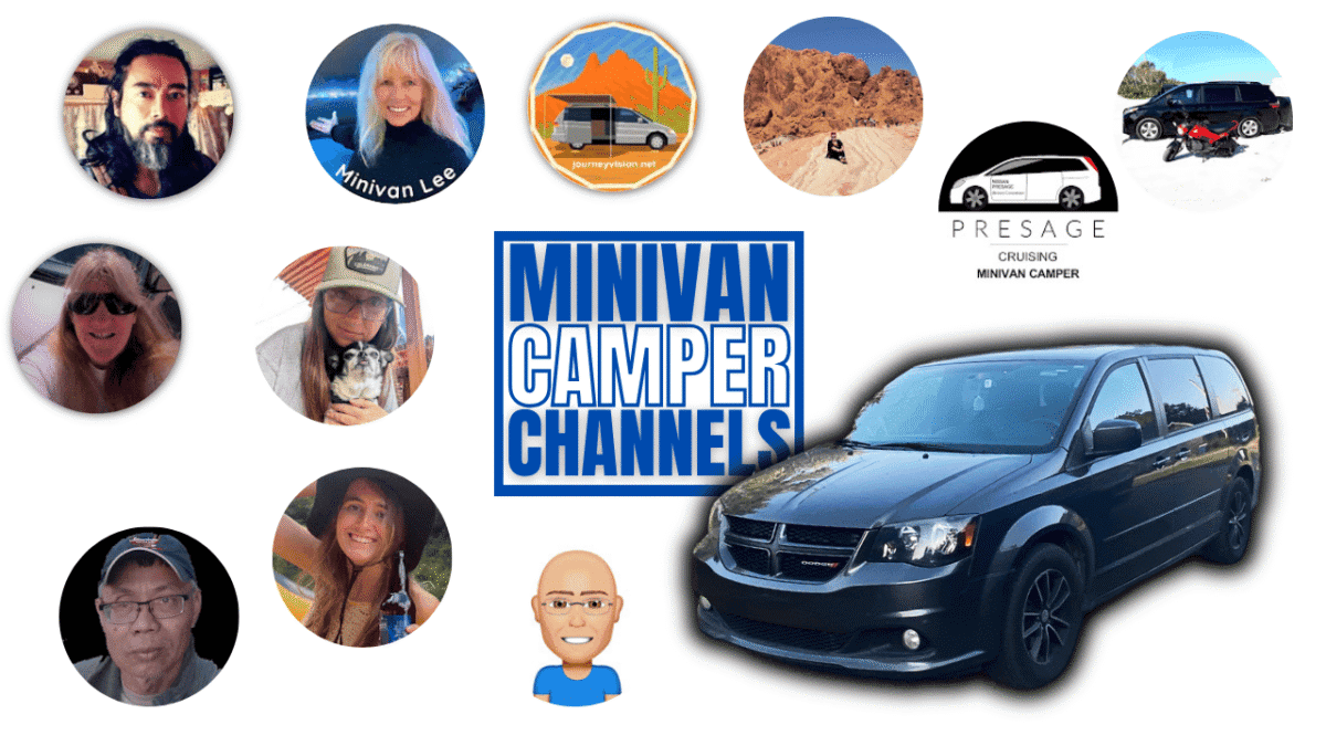 Collage of 11 YouTube creators from Minivan Camper Channels: 11 to Inspire You, featuring their profile images and a minivan representing the vanlife community.