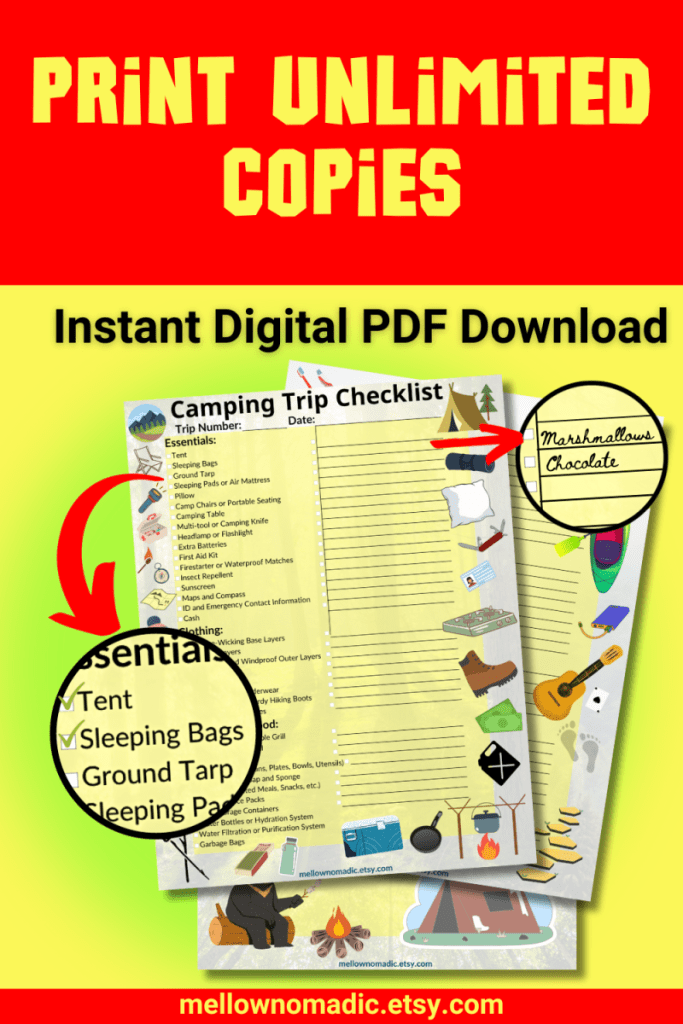 Camping Checklist, Reservation Tracker, Route Planner, Most Needed Items Listed, Blank Lines to write in your own