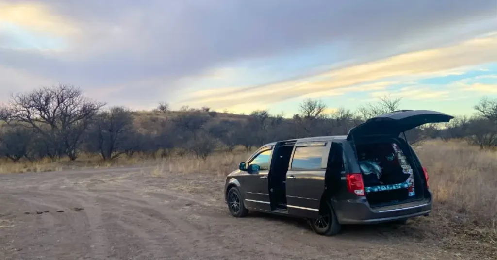 Marshall Shartzer III's 2015 Dodge Grand Caravan minivan camper solar panel setup boondocking in the Arizona desert