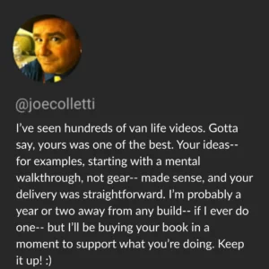 YouTube comment from joecolletti praising Roaming Home minivan camper conversion guide