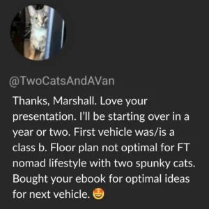 YouTube comment from TwoCatsAndAVan confirming ebook purchase for upcoming minivan camper build