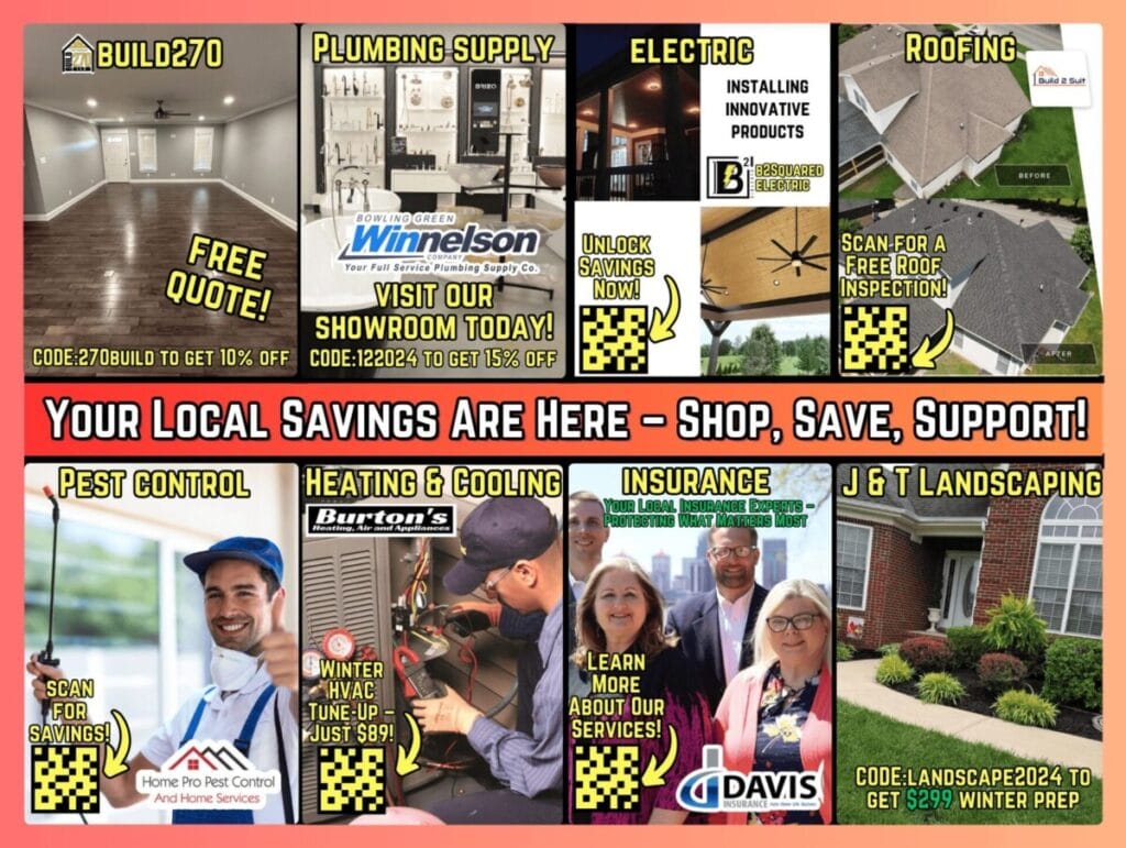 Another example 9x12 postcard for affordable local marketing featuring exclusive offers from local businesses in Bowling Green, KY.