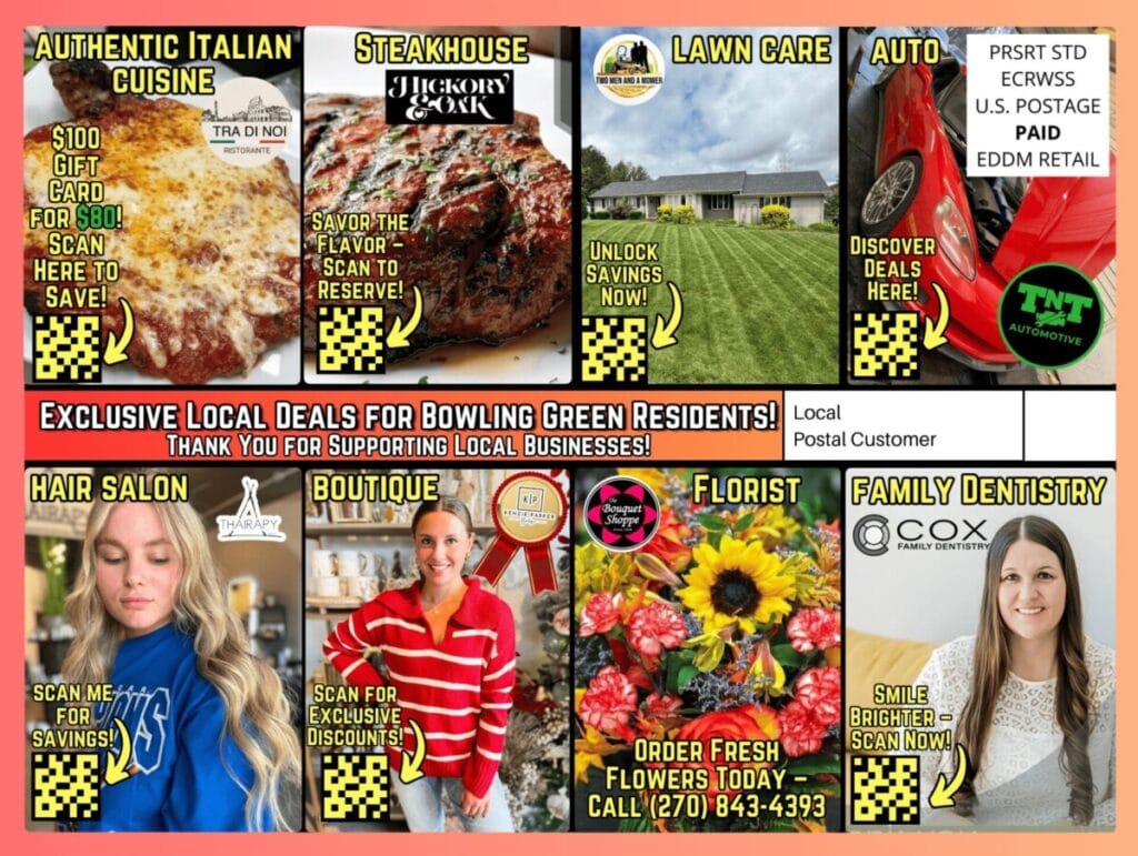 Example 9x12 postcard for affordable local marketing showcasing diverse business promotions in Bowling Green, KY.