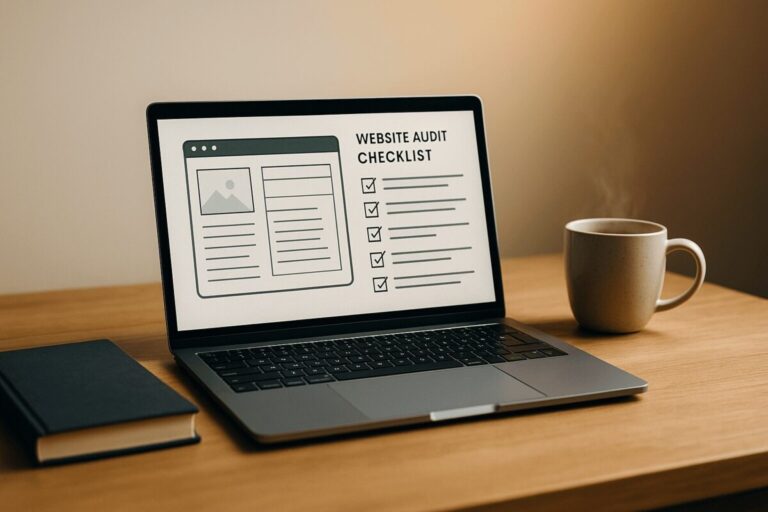 A clean author workspace featuring a laptop displaying author website audit tips, with a coffee mug and book on a natural wood desk.