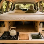 Minivan camper kits with pull-out kitchen, platform bed, and open rear doors parked in a forest campsite