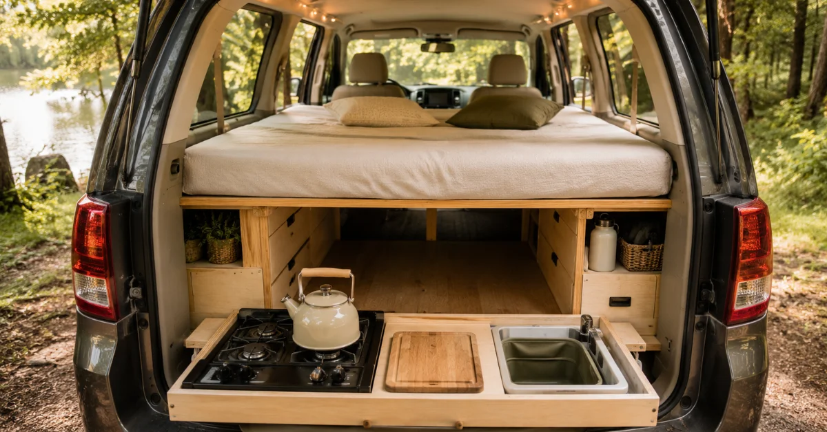 Minivan camper kits with pull-out kitchen, platform bed, and open rear doors parked in a forest campsite